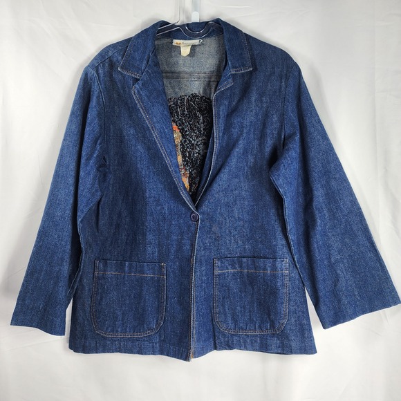 Vintage 90s Embroidered Folk‎ Figure Art Blazer Jacket Womens 14 Denim Festival